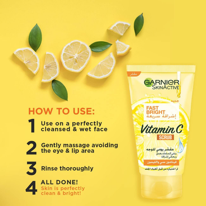 Garnier Fast Bright Vitamin C Daily Scrub in 50ml tube, facial care product with brightening and exfoliating features.