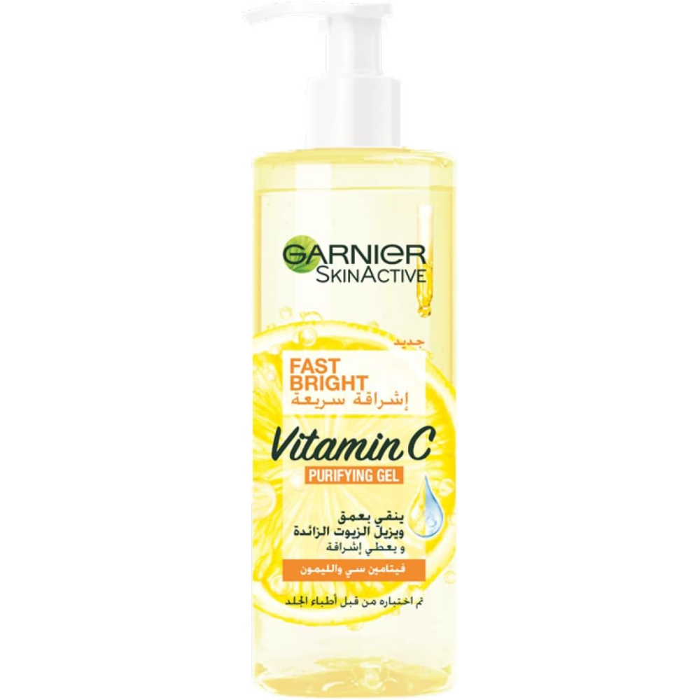Garnier Fast Bright Vitamin C Purifying Gel Wash in 400ml bottle, designed for facial cleansing and brightening.