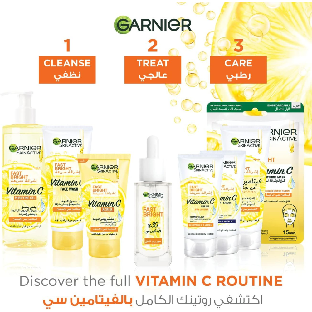 Garnier Fast Bright Vitamin C purifying gel wash in a 400ml bottle, designed for facial cleansing and brightening.