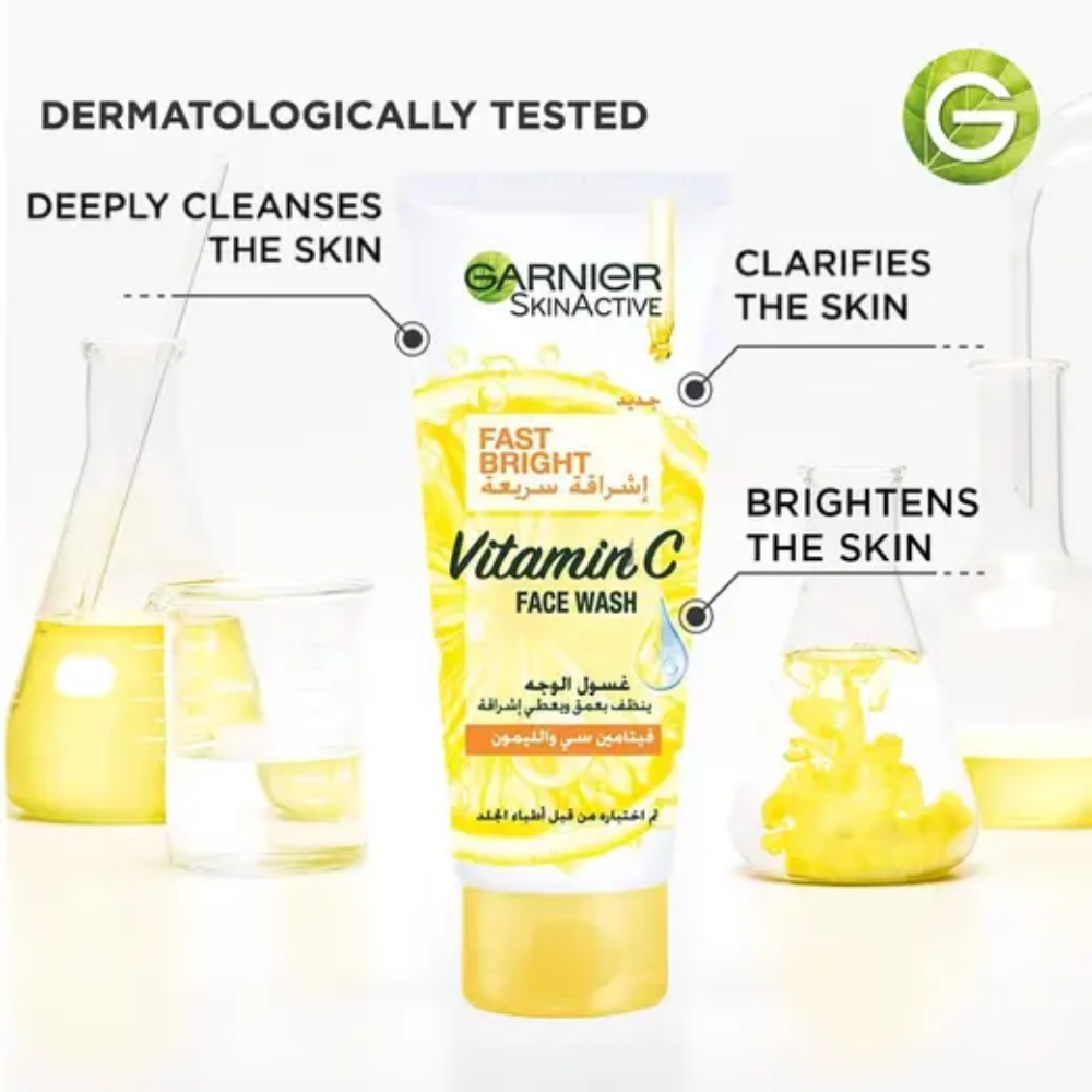Garnier SkinActive Fast Bright facial cleanser gel with vitamin C and lemon in a 100ml tube, suitable for brightening skin.