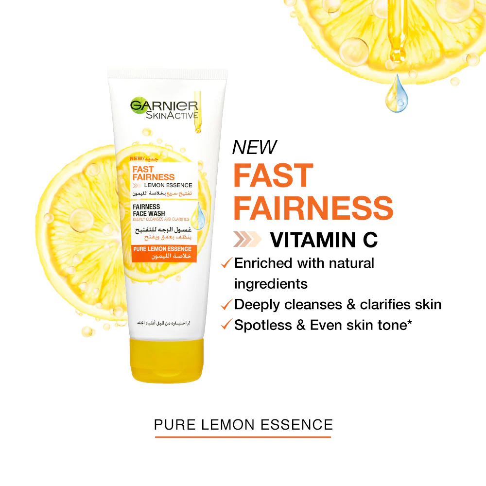 Garnier SkinActive Fast Bright facial cleanser gel with vitamin C and lemon, 100ml, for brightening and refreshing skin.