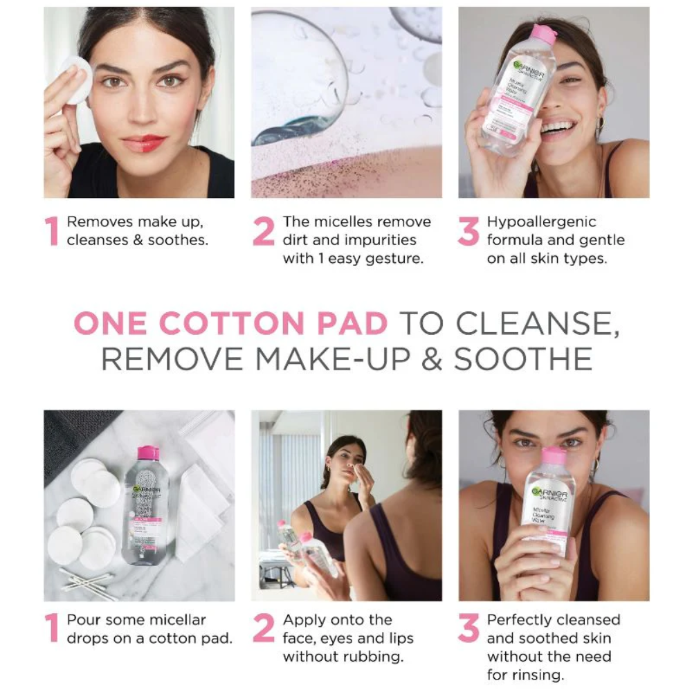 Garnier SkinActive Micellar Cleansing Water 100ml bottle, clear liquid in a white and blue label for gentle makeup removal.