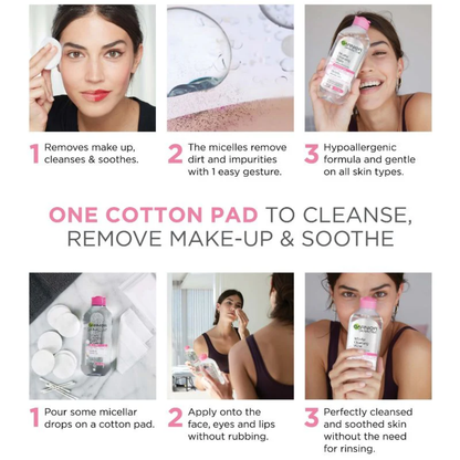 Garnier SkinActive Micellar Cleansing Water 100ml bottle, clear liquid in a white and blue label for gentle makeup removal.