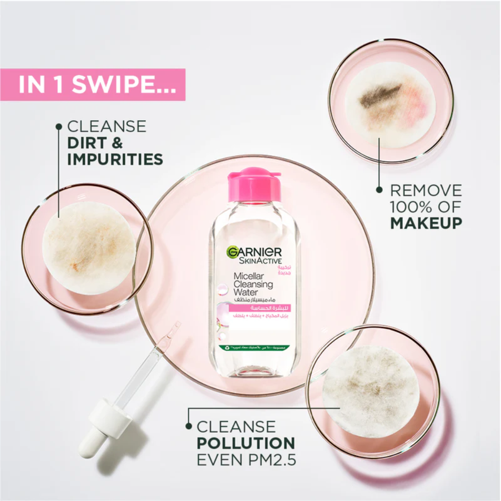 Garnier SkinActive Micellar Cleansing Water 100ml bottle showing clear liquid and label with blue and white design.