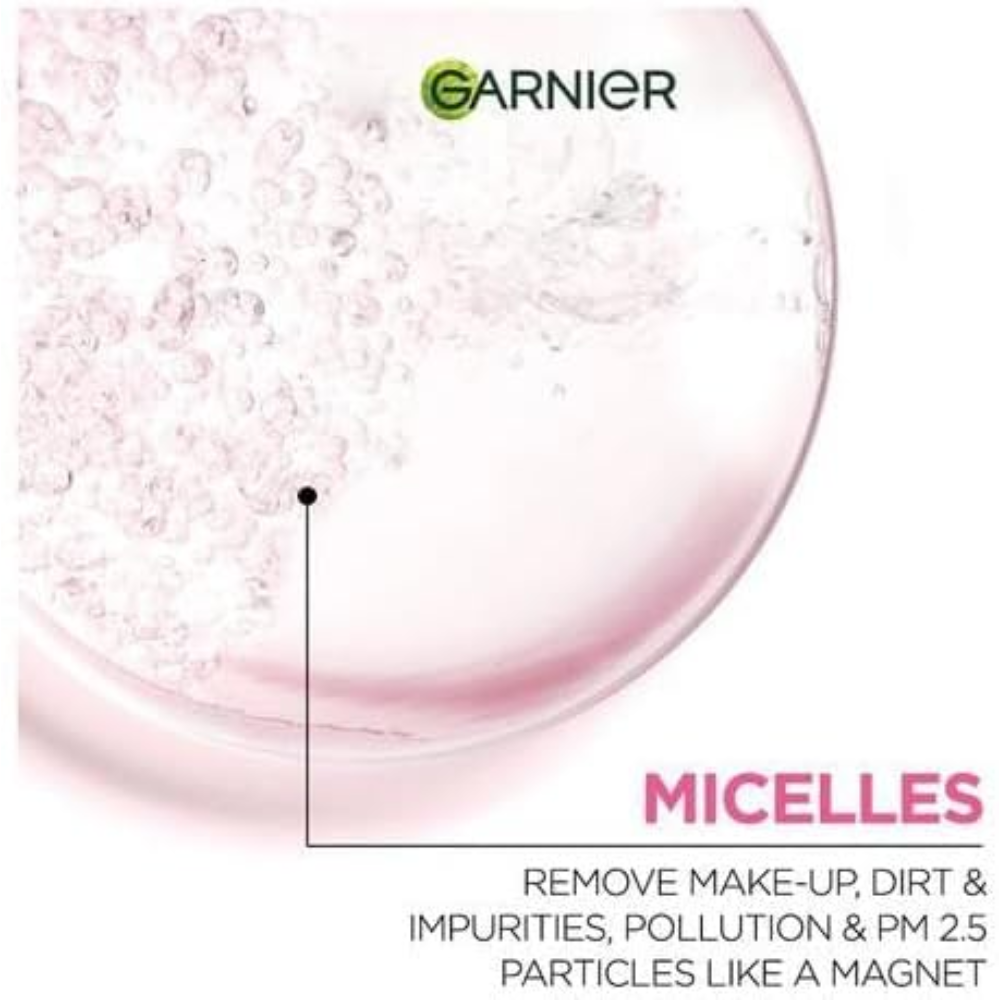 Garnier SkinActive Micellar Cleansing Water bottle, 100ml, clear liquid for gentle facial cleansing and makeup removal.