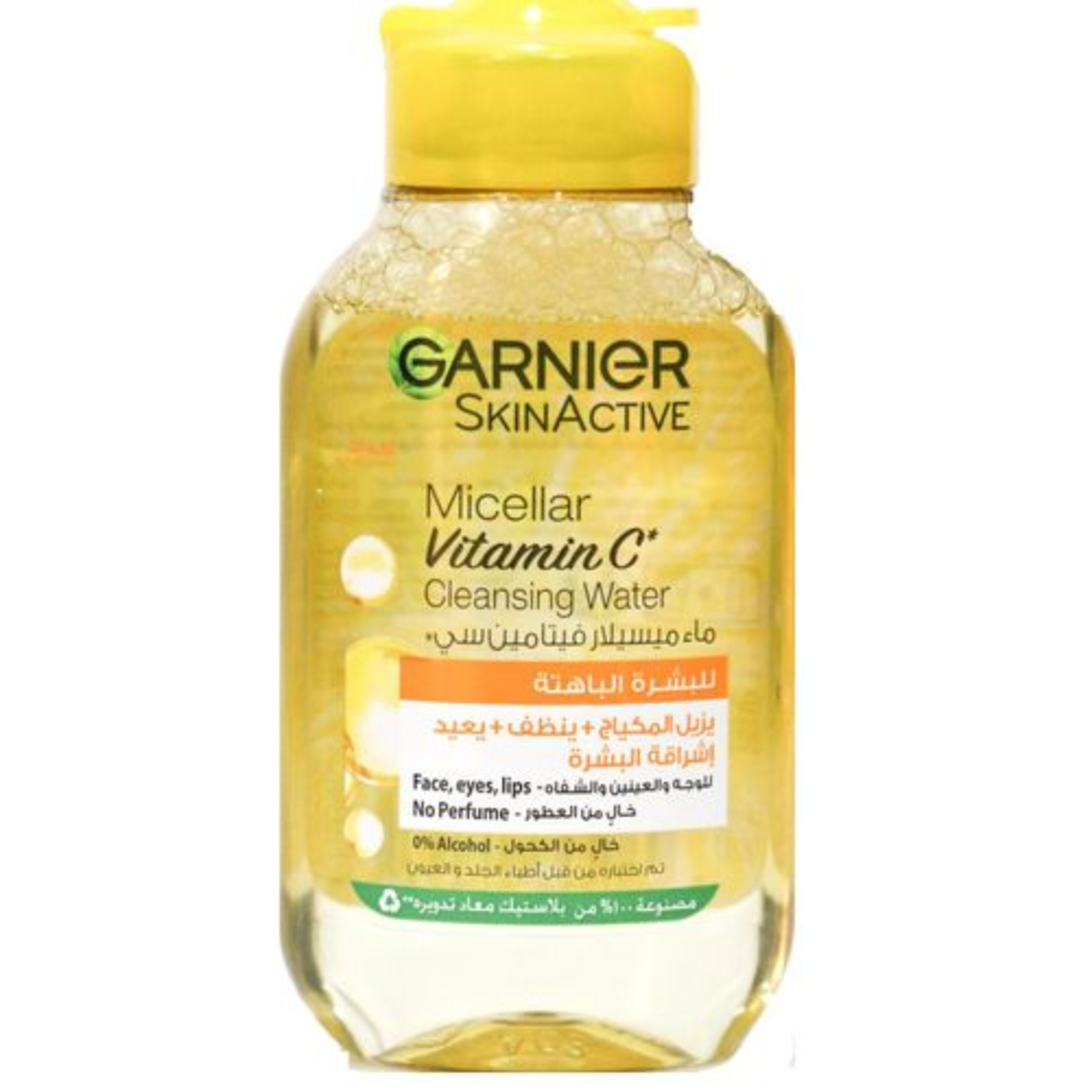 Garnier Skinactive Micellar Cleansing Water with Vitamin C in a 100ml bottle, liquid skincare product for gentle makeup removal