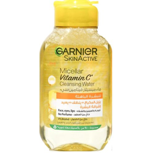 Garnier Skinactive Micellar Cleansing Water with Vitamin C in a 100ml bottle, liquid skincare product for gentle makeup removal
