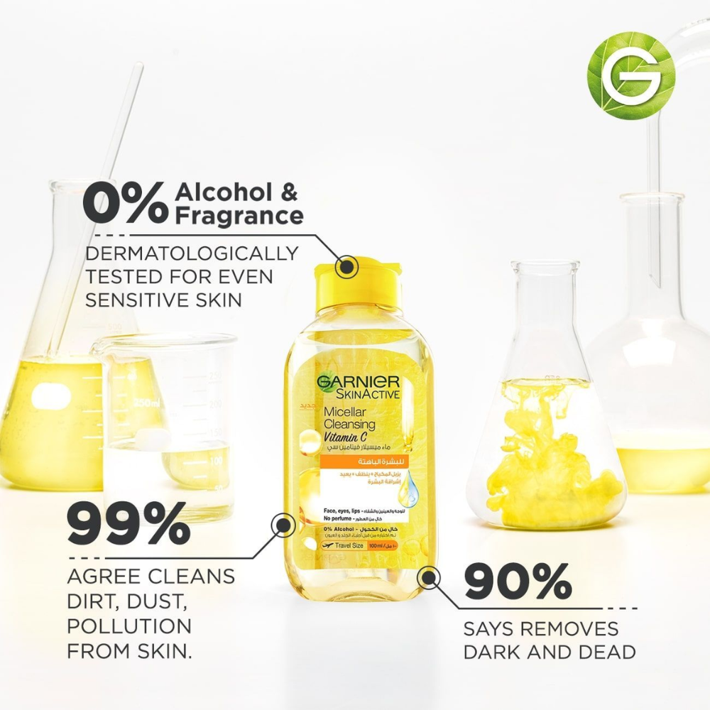 Garnier SkinActive Micellar Cleansing Water with Vitamin C in a 100ml bottle, gentle skincare for removing makeup and impurities.