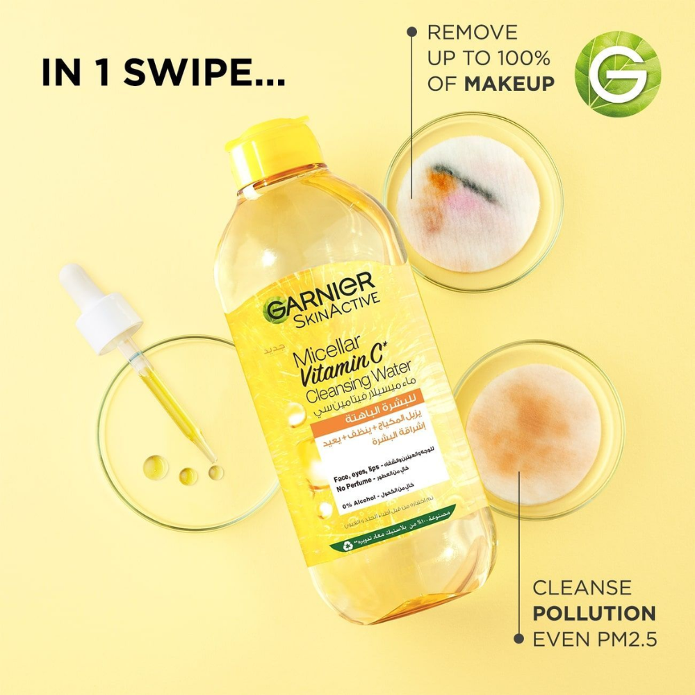 Garnier Skinactive Micellar Cleansing Water with Vitamin C in a 100ml bottle, suitable for gentle skin cleansing and refreshment.