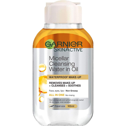 Garnier SkinActive micellar cleansing water with Moroccan argan oil in a 100ml bottle, suitable for gentle facial cleansing.