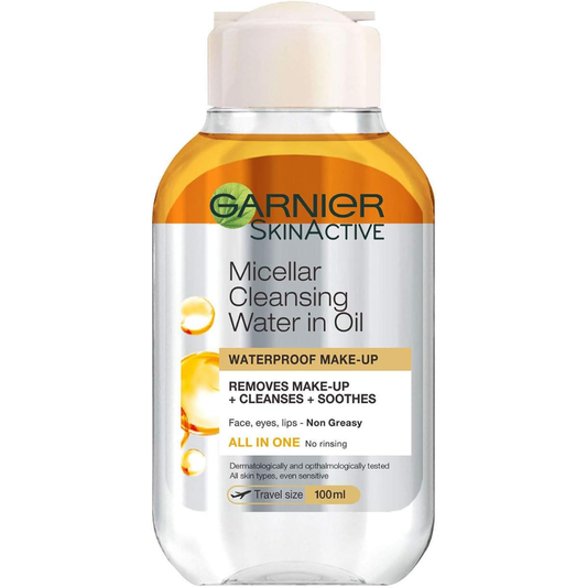 Garnier SkinActive micellar cleansing water with Moroccan argan oil in a 100ml bottle, suitable for gentle facial cleansing.