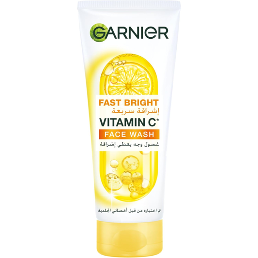 Garnier Skin Active Fast Bright facial cleanser gel with vitamin C and lemon in a 100ml tube for brightening skin.