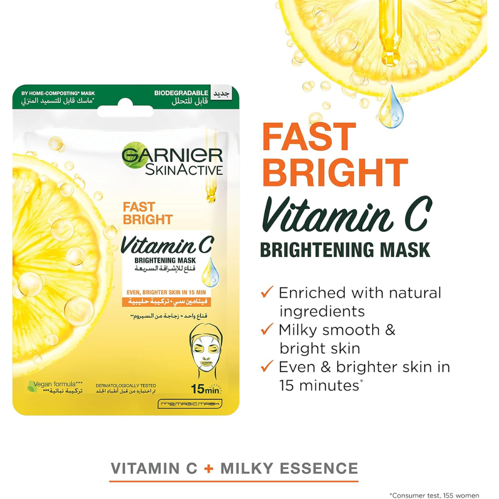 Garnier Fast Bright Mask in 28ml tube, showcasing the skincare mask with brightening ingredients and vibrant packaging.
