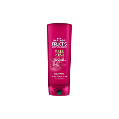 Garnier Fructis Full & Plush volumizing conditioner for fine, flat hair in a 354ml bottle with vibrant packaging.
