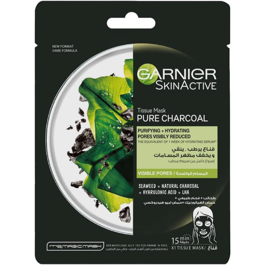 Garnier pore tightening charcoal hydrating face tissue mask, 28g, with black mask sheet for deep cleansing and skin hydration.