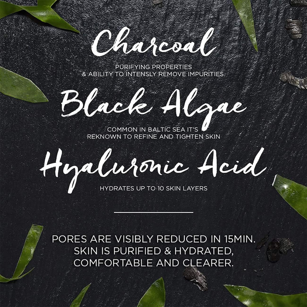 Garnier pore tightening charcoal hydrating face tissue mask, 28g, with black fabric and charcoal-infused design for deep cleansing.