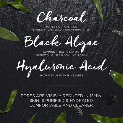 Garnier pore tightening charcoal hydrating face tissue mask, 28g, with black fabric and charcoal-infused design for deep cleansing.