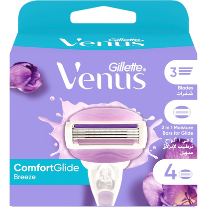 Gillette Venus ComfortGlide Breeze 3-blade razor refills, 4-pack, designed for smooth women's body shaving.