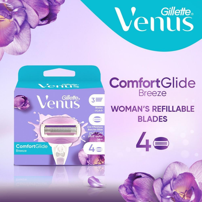 Gillette Venus ComfortGlide Breeze 3-blade razor blade refills, 4-pack, designed for smooth body shaving.