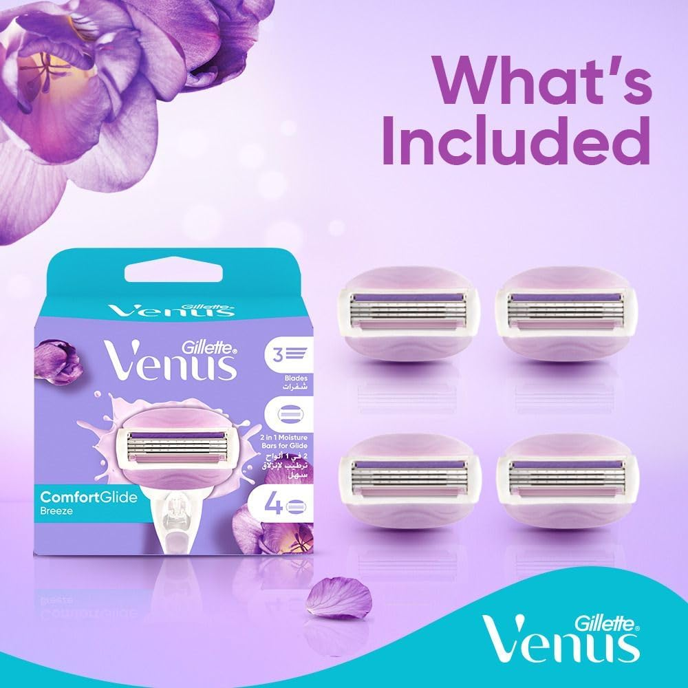 Gillette Venus ComfortGlide Breeze 3-blade razor refill pack with four blades for women's body care and smooth shaving.