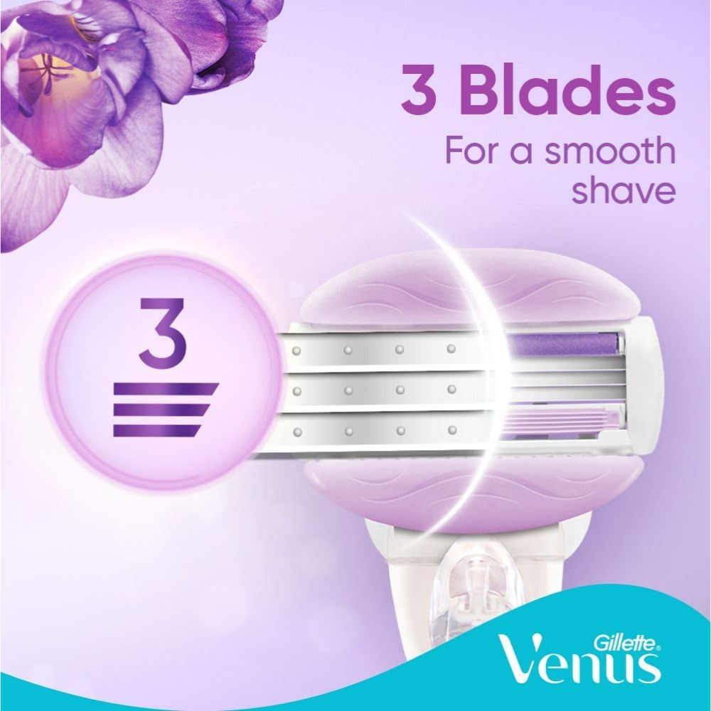 Gillette Venus ComfortGlide Breeze 3-blade razor refills, 4-pack, designed for smooth body care and comfortable shaving.