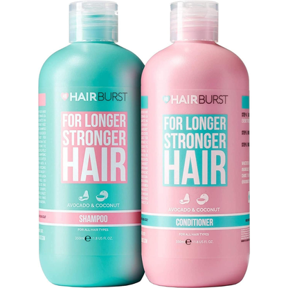 HAIR BURST shampoo and conditioner set in 350ml bottles, featuring sleek packaging and hair care products for healthy hair.
