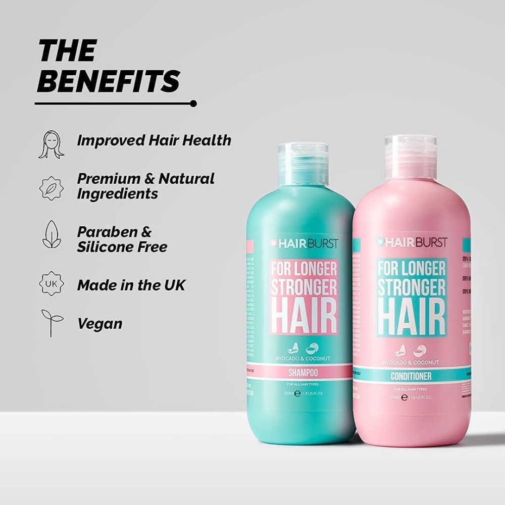HAIR BURST shampoo and conditioner set in 350ml bottles, showcasing sleek packaging for hair care and scalp nourishment.