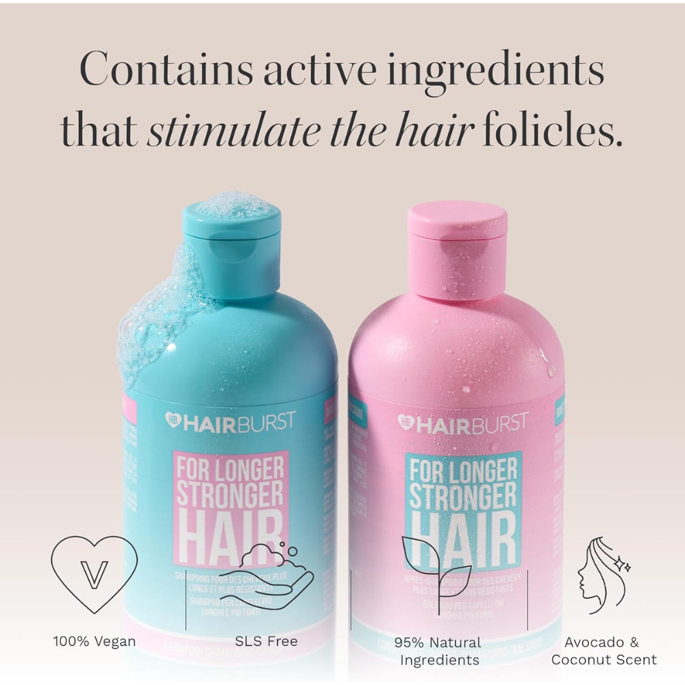 HAIR BURST shampoo and conditioner set in 350ml bottles, featuring sleek packaging for nourishing hair care.