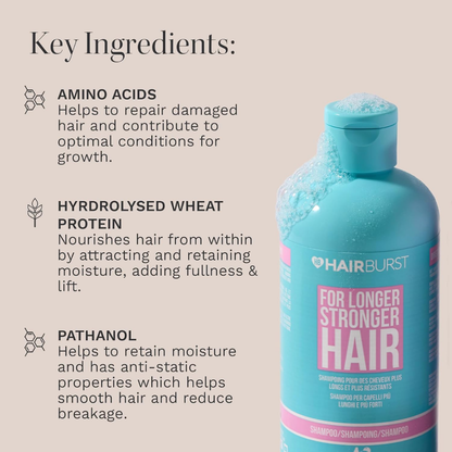 HAIR BURST shampoo and conditioner set in 350ml bottles, showcasing the hair care product with sleek packaging and labels