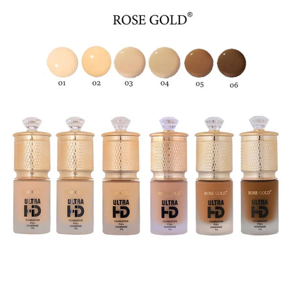 Rose gold Ultra HD foundation in 60g, color 01, showcasing smooth, creamy makeup texture in a sleek container.