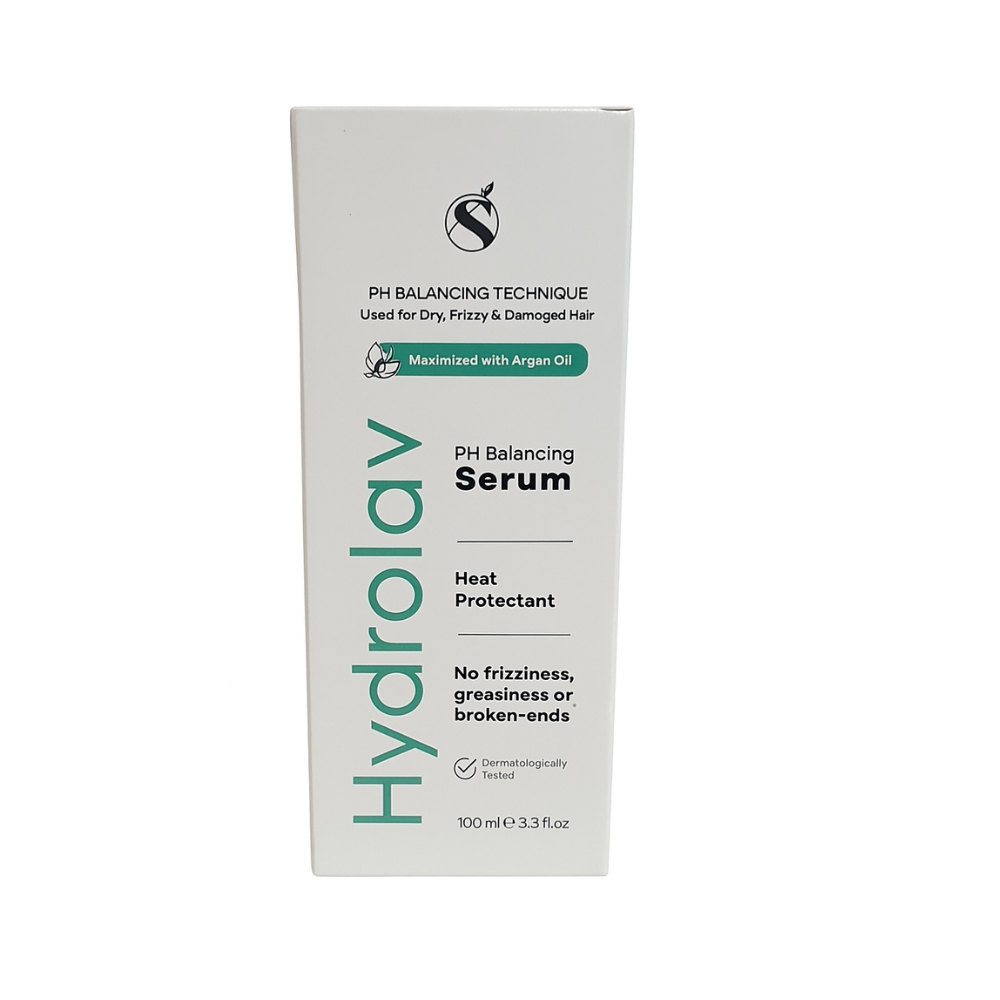 Hydrolav PH Balancing Serum for hair care, 100ml bottle featuring clear liquid and dropper applicator for scalp and hair hydration.