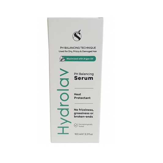 Hydrolav PH Balancing Serum for hair care, 100ml bottle featuring clear liquid and dropper applicator for scalp and hair hydration.
