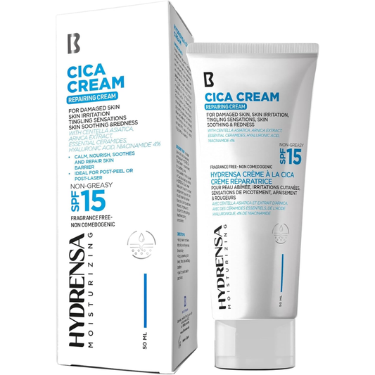 Hydrensa Cica Cream with SPF 15, 50ml facial moisturizer showing the cream jar and product packaging.