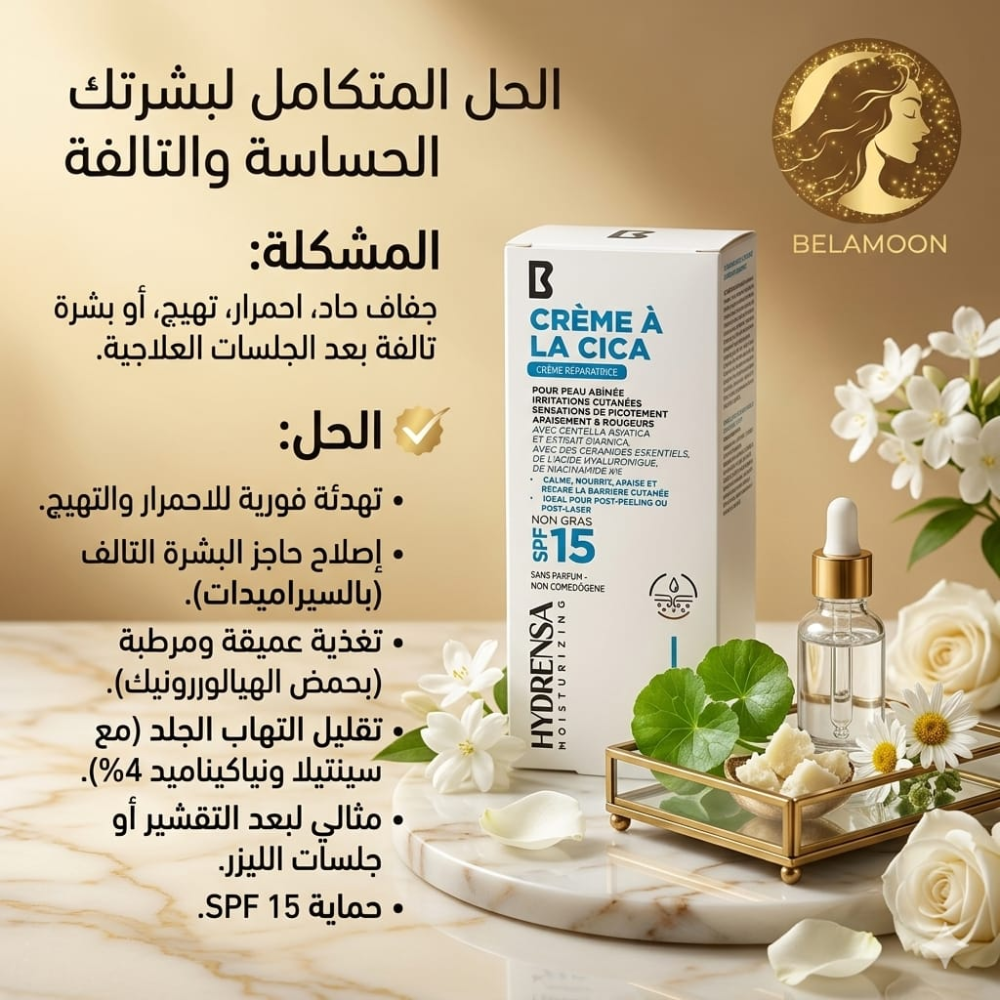 Hydrensa Cica Cream moisturizing facial cream with SPF 15 in a 50ml jar, designed for soothing and hydrating skin.