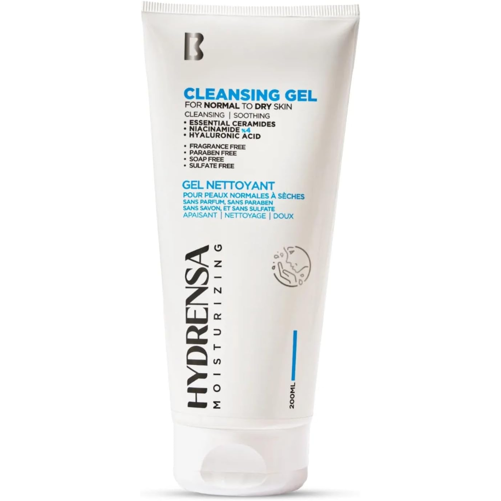 Hydrensa Moisturizing Cleansing Gel for normal to dry skin in a 200ml bottle, gentle facial cleanser with hydrating properties.