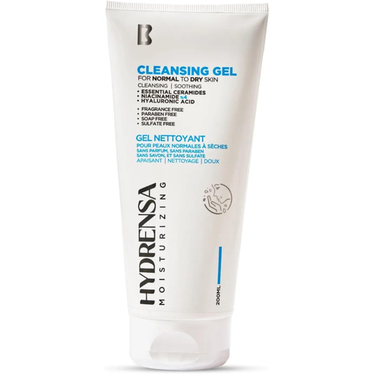 Hydrensa Moisturizing Cleansing Gel for normal to dry skin in a 200ml bottle, gentle facial cleanser with hydrating properties.