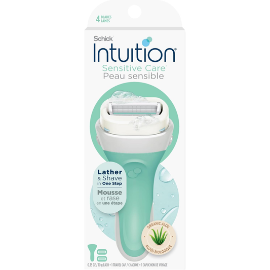 Intuition Schick Sensitive Care Razor for Women with 2 moisturizing blade refills and natural aloe in a sleek body care design.
