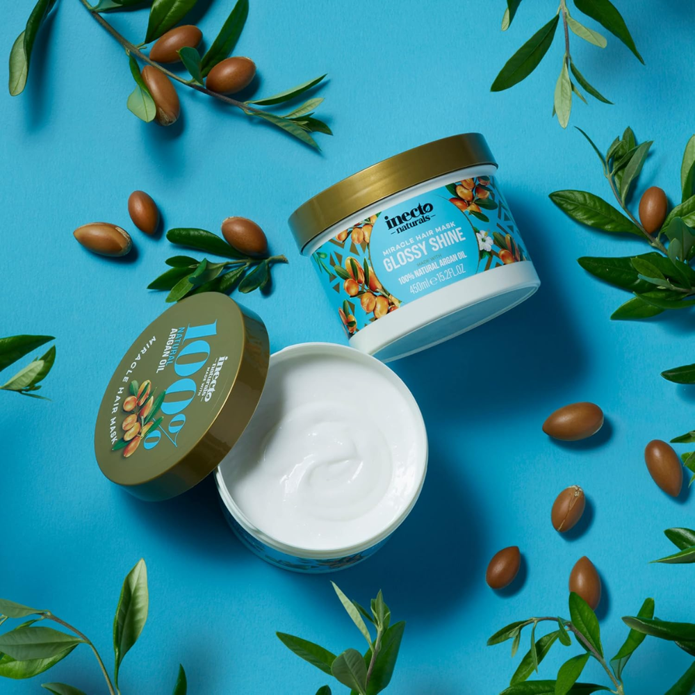Inecto Intensive argan oil hair mask 300ml jar with creamy texture for nourishing hair care treatment.