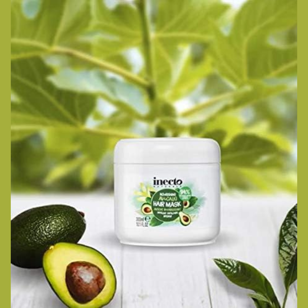 Inecto avocado oil hair mask in 300ml jar, nourishing hair care product with natural avocado oil for deep conditioning.