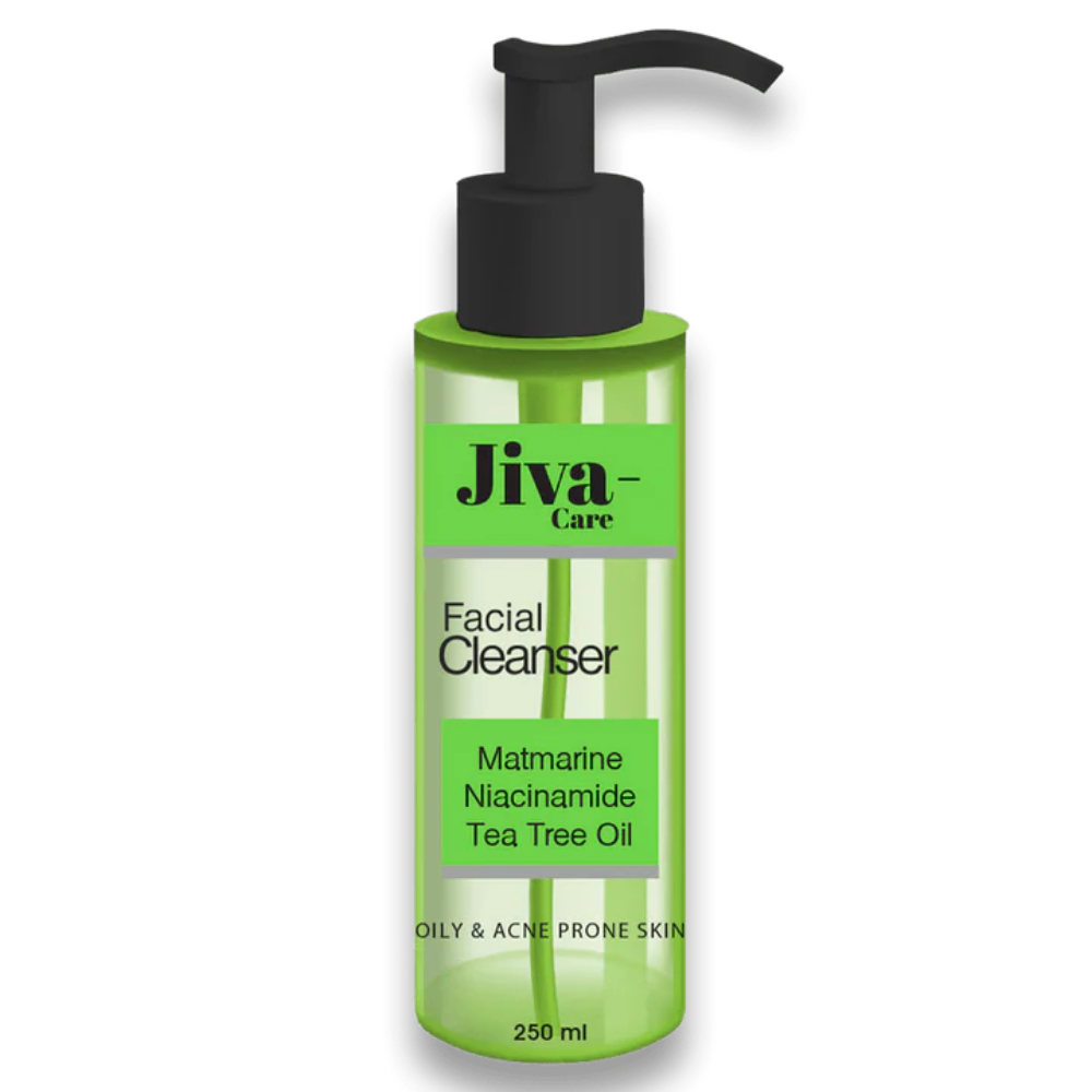 Jiva facial cleanser with tea tree oil in a 250ml bottle, designed for clear and refreshed skin.