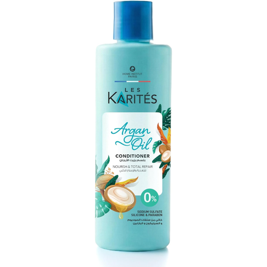 Karites Argan oil conditioner for nourishing and repairing hair, 400 ml bottle, smooth and healthy-looking hair visible in the image.