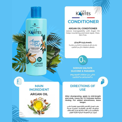 Karites Argan oil conditioner bottle for nourishing and repairing hair, 400 ml, with natural ingredients and smooth packaging.