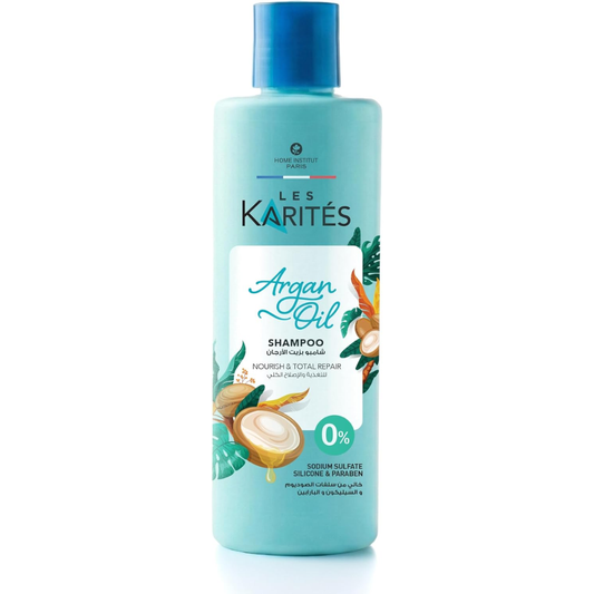 Karites Argan Oil Shampoo for nourishing and repairing hair, 400 ml bottle with golden liquid and sleek packaging.
