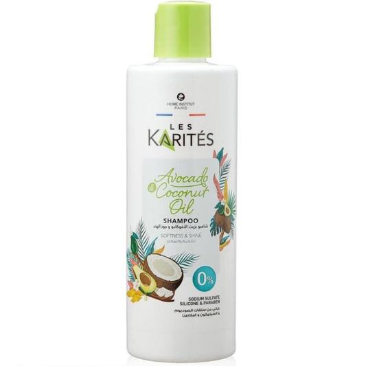 Karites avocado and coconut oil shampoo bottle, 400 ml, for nourishing hair care with natural ingredients.