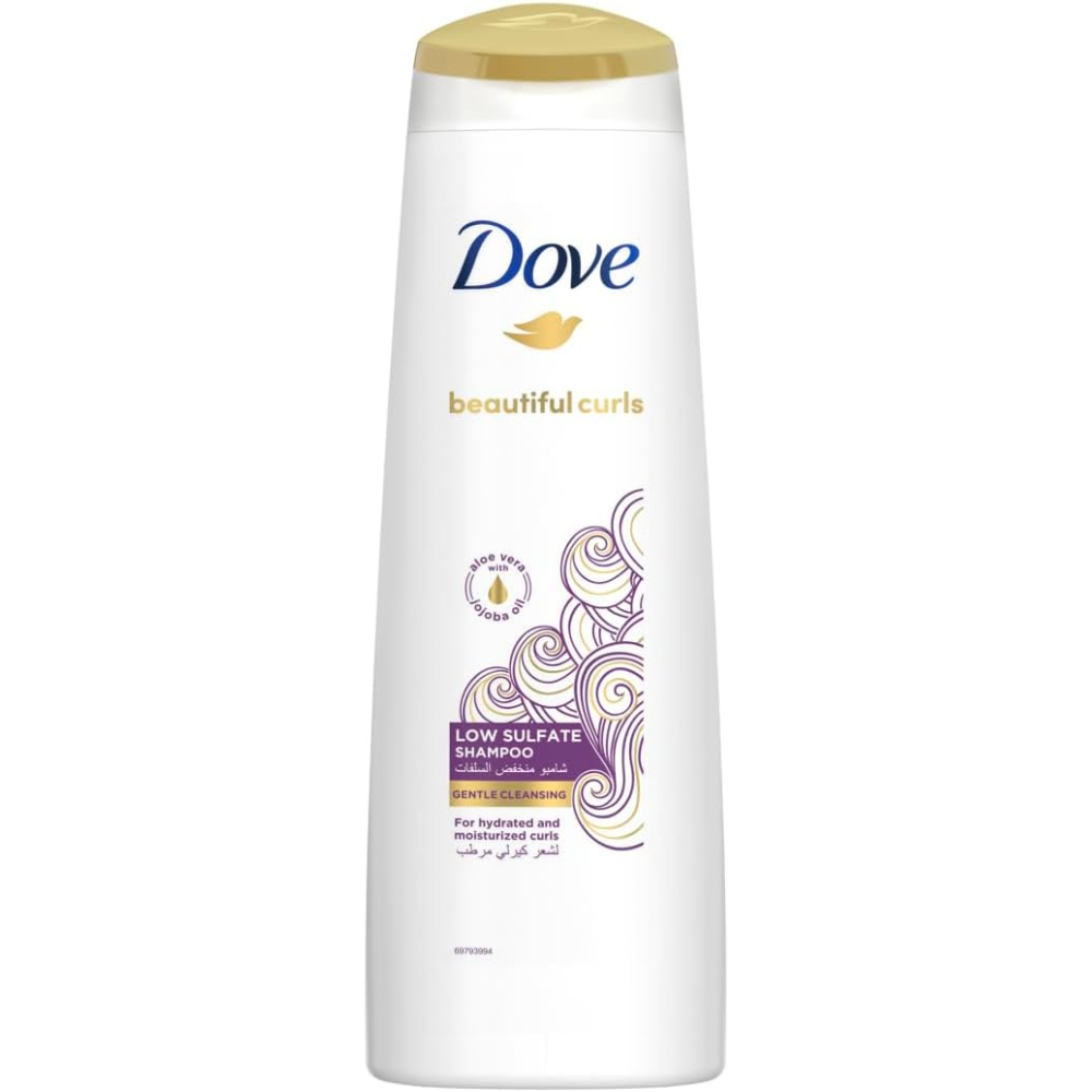 Dove hair care shampoo bottle with aloe vera and jojoba oil for hydrated, healthy curls, 350ml.