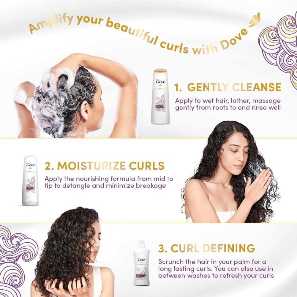 Dove hair care shampoo with aloe vera and jojoba oil for hydrated, healthy curls, 350ml bottle with product label visible.