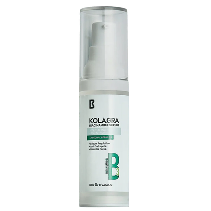 Kolagra Niacinamide 10% and Zinc PCA 1% serum in a 30ml bottle, facial skincare product for clearer, balanced skin.