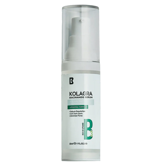Kolagra Niacinamide 10% and Zinc PCA 1% serum in a 30ml bottle, facial skincare product for clearer, balanced skin.