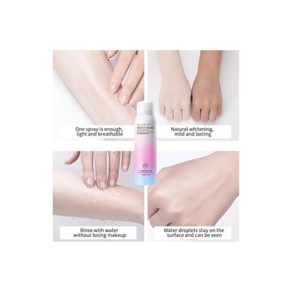 Pibamy moisturizing spray for face and body, 150ml, with brightening skin benefits, displayed in a clear spray bottle.