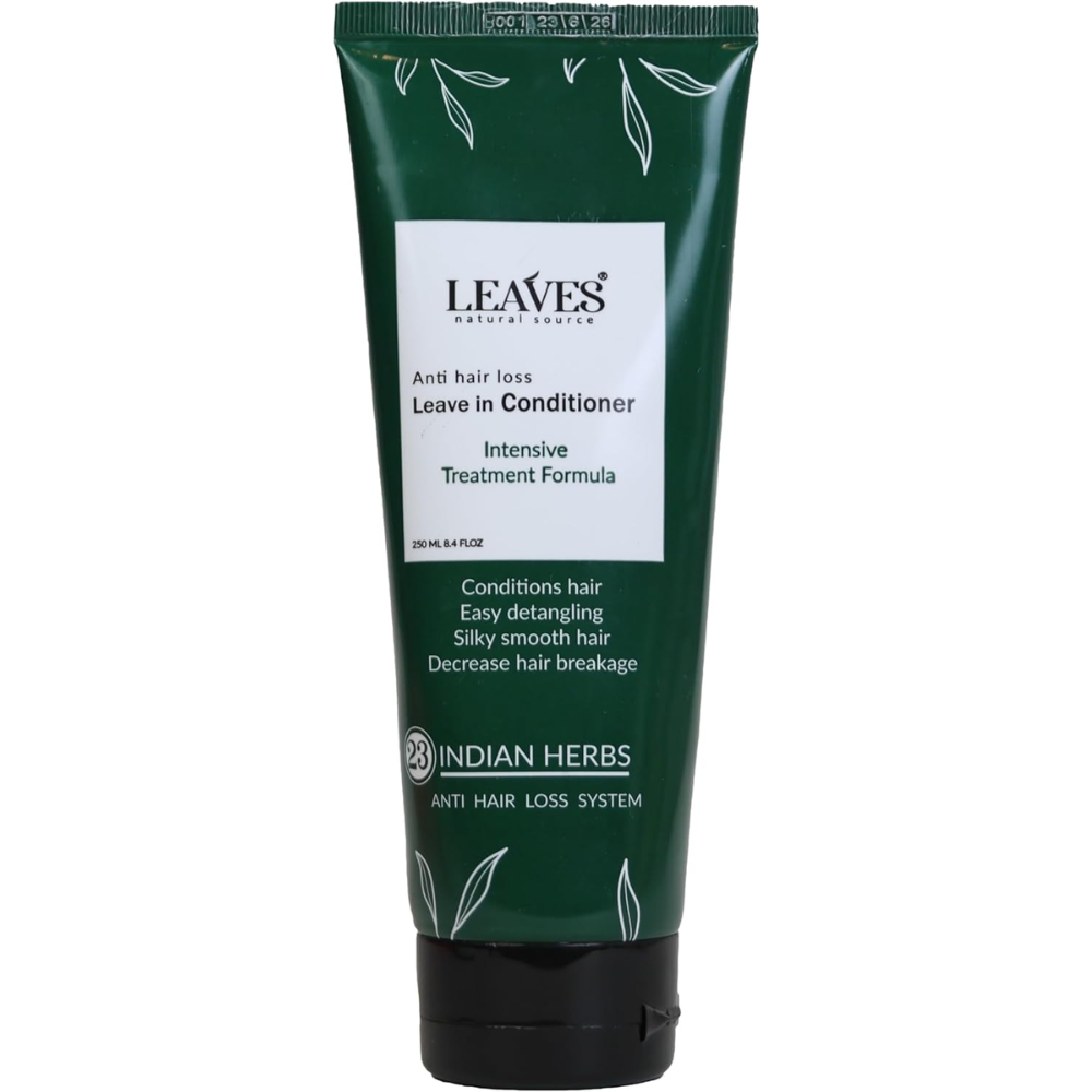 Leaves Anti Hair Loss Leave-In Conditioner 250ml for dry, damaged hair in a pump bottle with leaves design